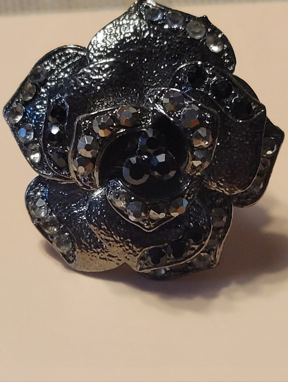 Black Crystal Flower Statement Ring - Women Jewelry Size 6